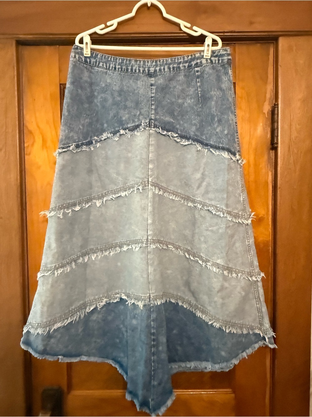 SHEIN Two-Tone Washed Denim High-Low Fringe Skirt in Blue